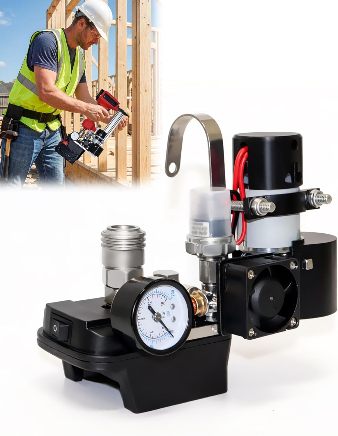 Cordless Portable Air Compressor Pump for Pneumatic Nail Guns, Tank-Free Mini Air Compressor Fit for Miwoqi 18V Batteries (Battery&Nail Gun Not Included), Mobile Air Supply for Trim & Woodworking