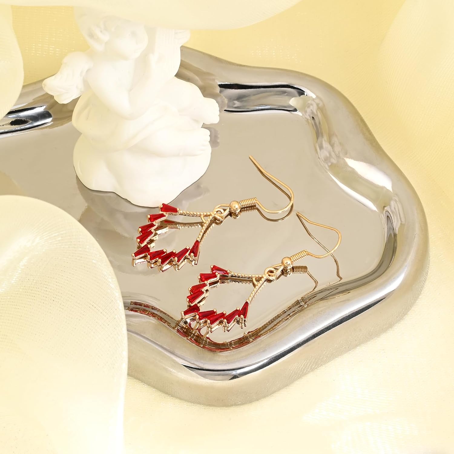 14K Plated Gold Dangle Earrings for Women Diamond Shaped Geometric Earrings Red/Green Crystal Birthstone Jewelry - Image 5