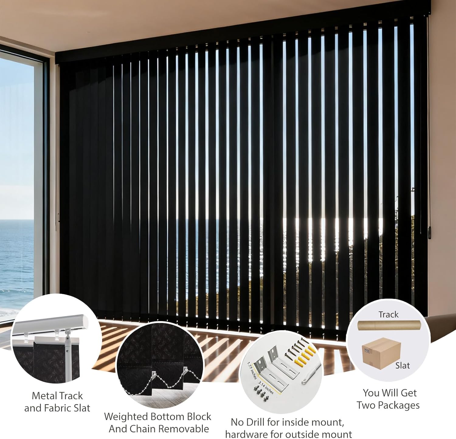 No Drill No Tools Cordless Vertical Window Blinds Shades for Room Divider, Door Blinds, Blinds for Sliding Glass Doors, Closet Curtain, Room Door, Privacy and Filter Light, Woven Black