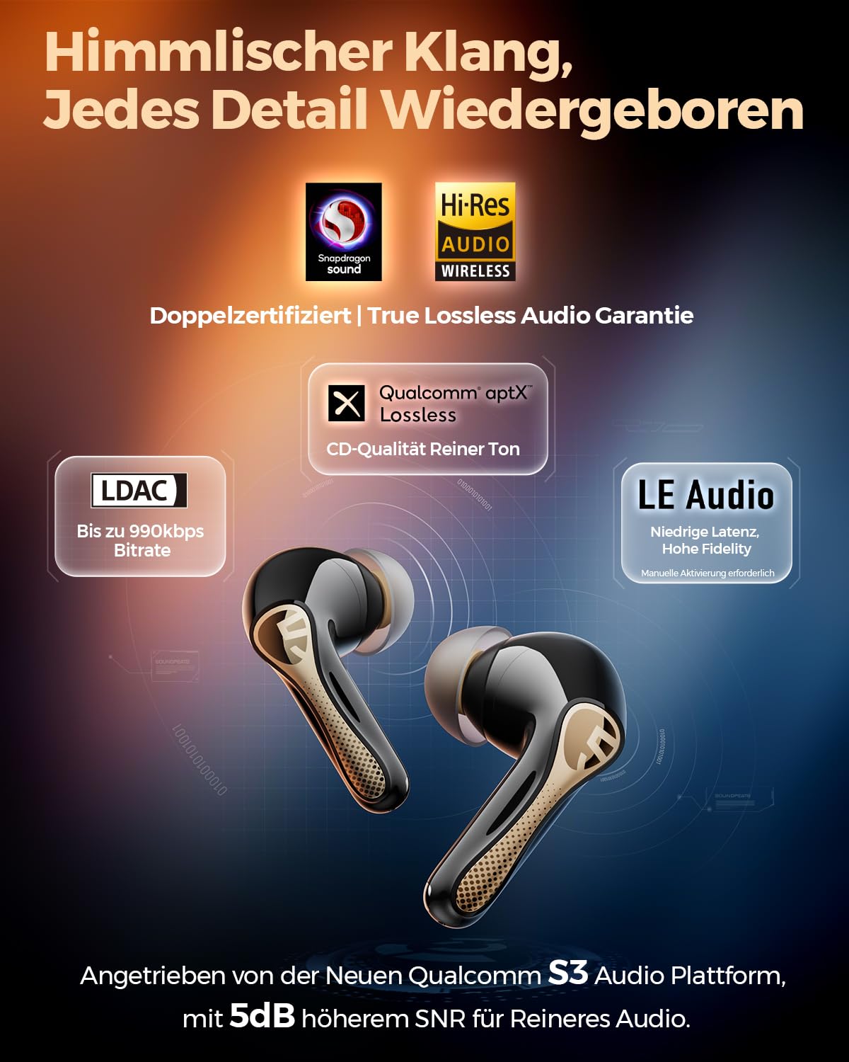 SoundPEATS Air5 Pro+ Bluetooth Kopfhörer mit Noise Cancelling, Hybrid-Treiber MEMS + Dynamisch, aptX Lossless, Hi-Res Audio, LDAC, Snapdragon Sound, KI Adaptive ANC, 6 Mik. KI Anrufe, Multipoint, IPX5