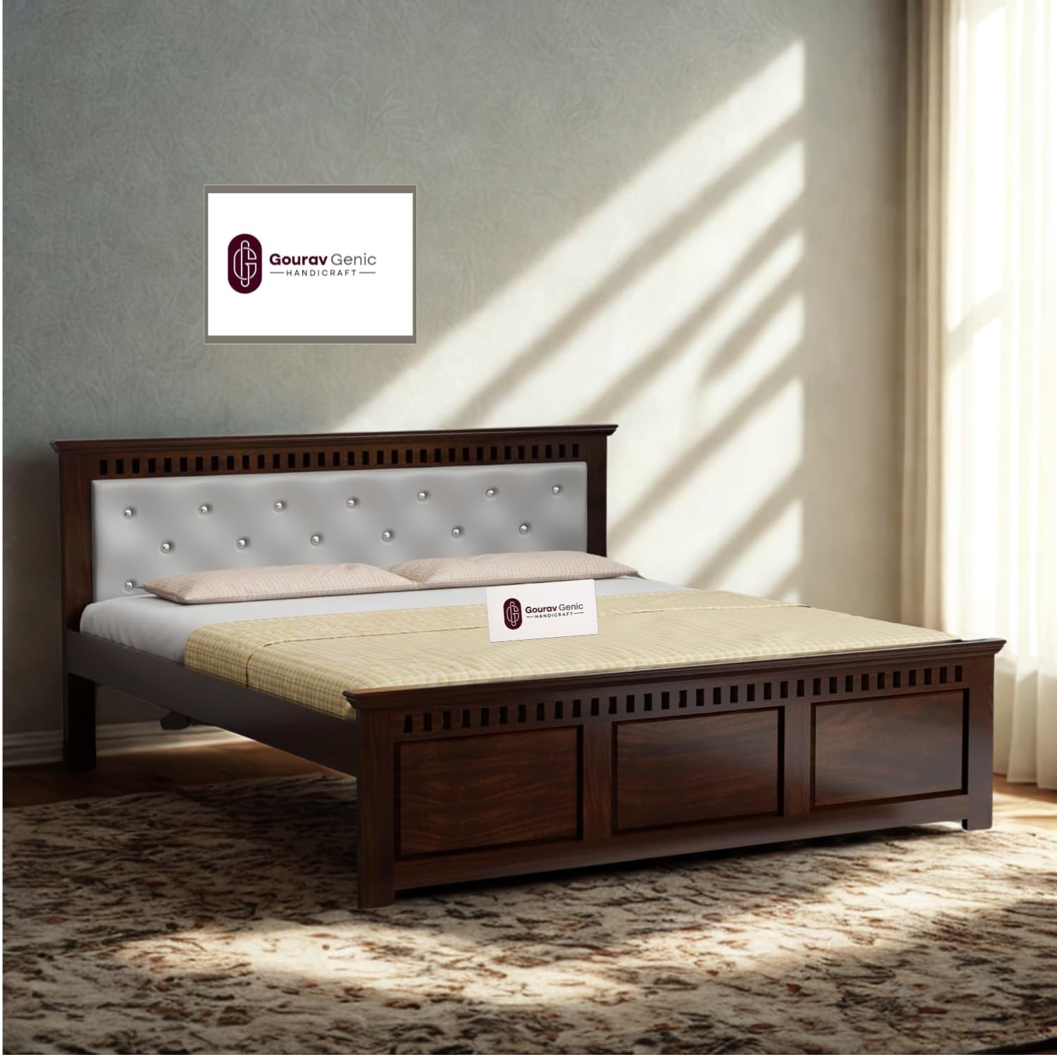 Solid Sheesham Wood King Size Bed with Upholstered Headboard, Wooden Platform Bed Frame for Bedroom, Walnut Finish, Without Storage-image-21