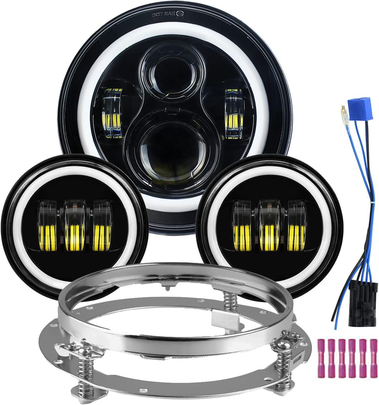 Atubeix 7" Halo LED Headlight Bulb Kit + 4.5" Fog Lights and Mounting Ring Kit for Street Glide Ultra Classic Road King Electra Glide Heritage Softail Slim Deluxe Fatboy Tri CVO accessories(Black)