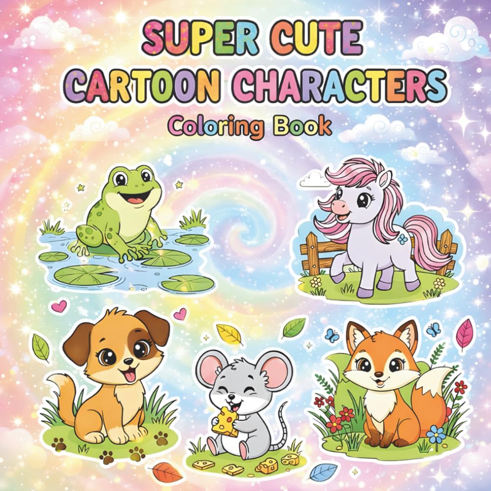 SUPER CUTE CARTOON CHARACTERS COLORING BOOK: A Cute and Cozy Book Featuring Adorable Animals, Playful Characters, and Happy Scenes for Relaxation and Creative Fun