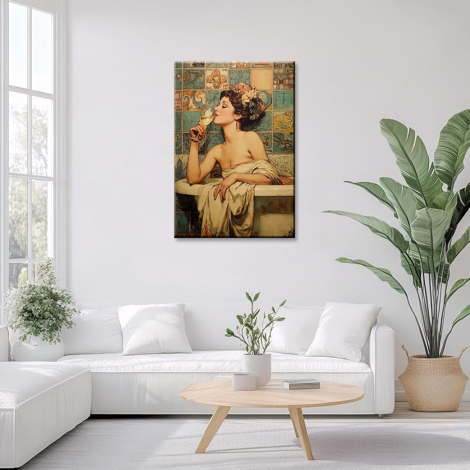 CRTDYQU Art Decor Bathroom Print Glamorous 1920 Coquette Aesthetic Woman in Bathtub with Champagne Alcohol Chic Giclee Wall Art for Fashionista Gift Home & Apartment Decor 12X16 in Wrapped Framed