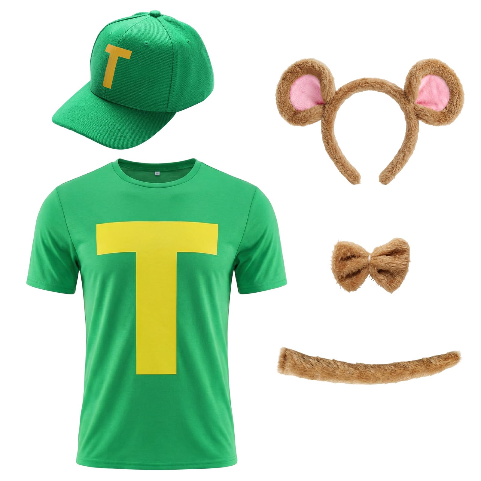 Suffolly 5-piece outfit set, including a headband, hat, bow, T-shirt, and tail. (Green, L)