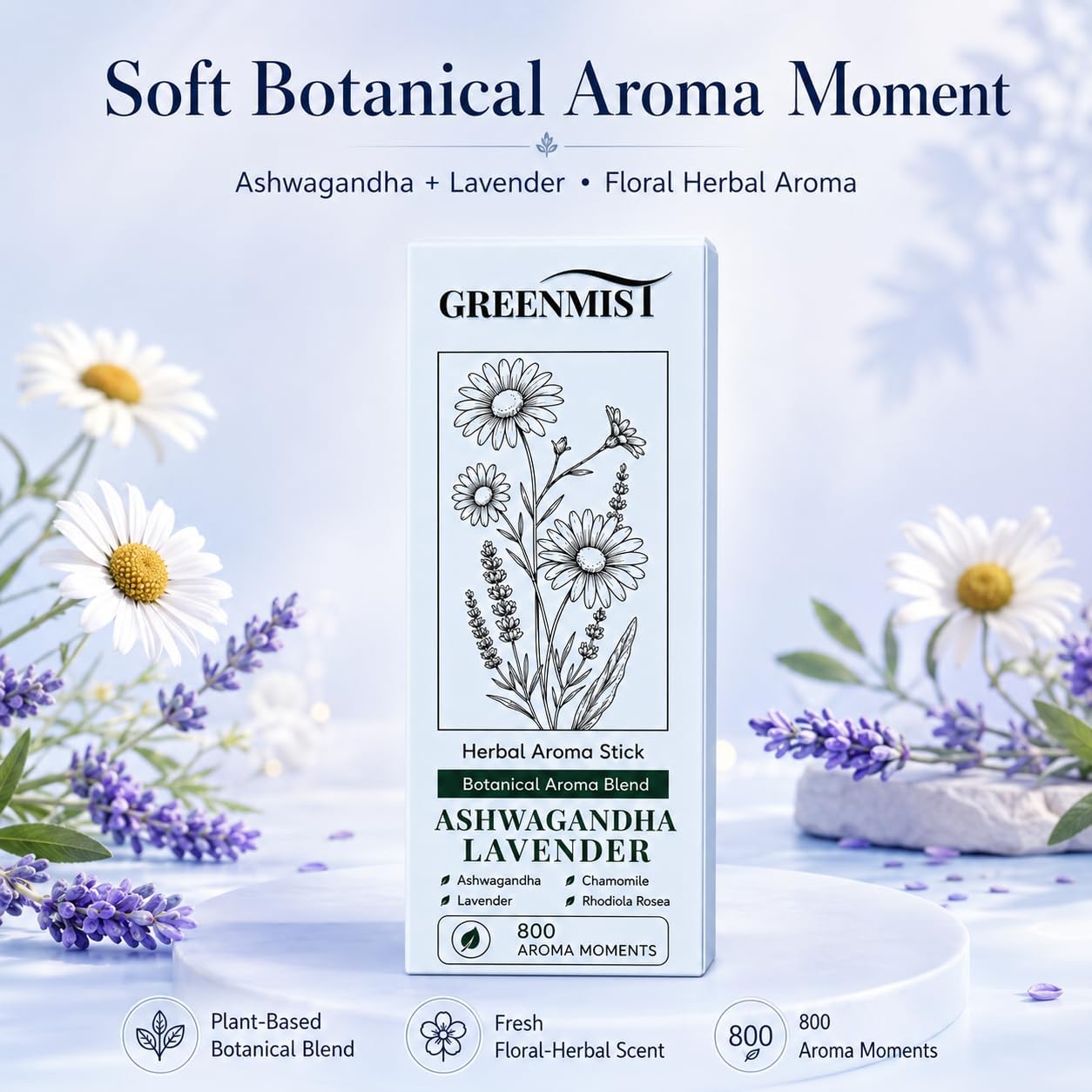 GREENMIST Ashwagandha Lavender Herbal Aroma Stick, Plant-Based Botanical Scent Accessory, Portable Silicone Stick, Chamomile Rhodiola Notes, Blue, 800 Aroma Moments, 1 Pack
