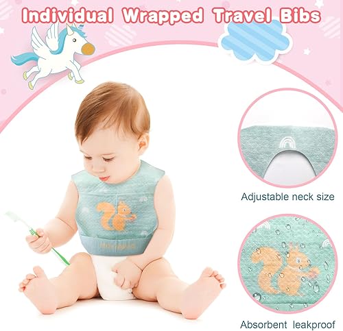 Miniatura 2 de Shinymoon 100 baberos desechables para bebé, envueltos individualmente, baberos de viaje, impermeables, atrapadores de alimentos para niños y niñas
