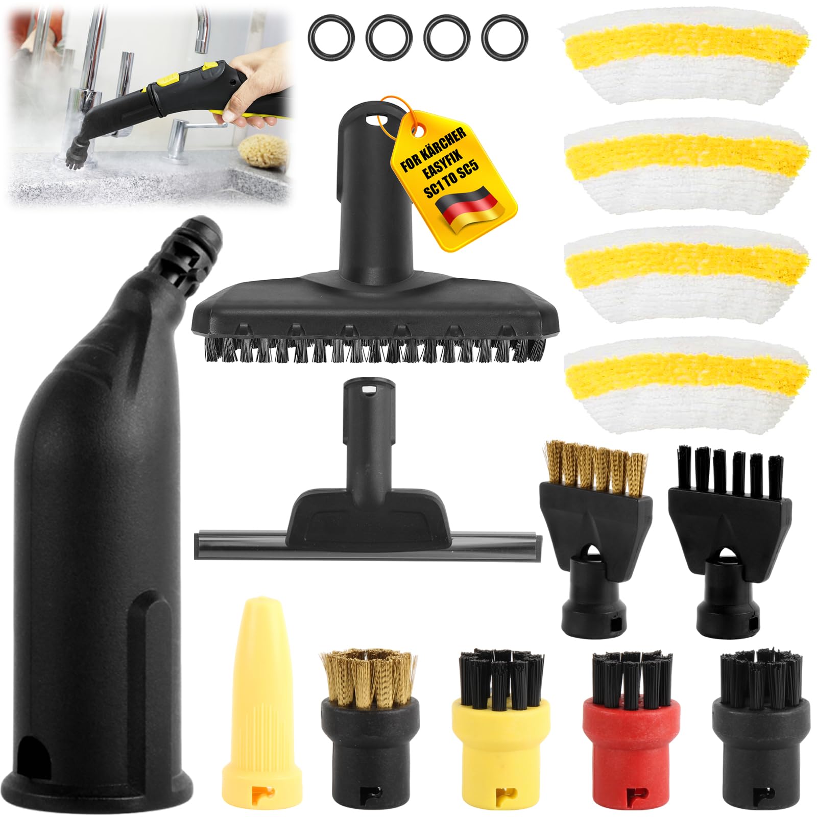 18 Stück Zubehör für Kärcher Dampfreiniger SC1 SC2 SC3 SC4 SC5 – Dampfreiniger Bürste Set, inkl Mikrofaser-Tücher, Gebogene Düse, Fugenbürste, Fensterabzieher – Perfekt für Gründliche Reinigung
