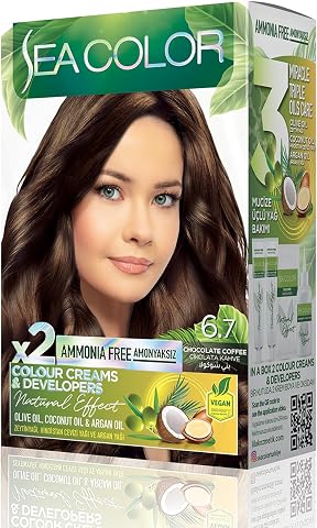 SEA COLOR Amonyaksız, Vegan, Doğal, Besleyici Kalıcı Saç Boyası%100 Beyaz Kapama (1 PAKET 2 x 50 ml Boya & OKSİDAN) (Çikolata Kahve 6.7)