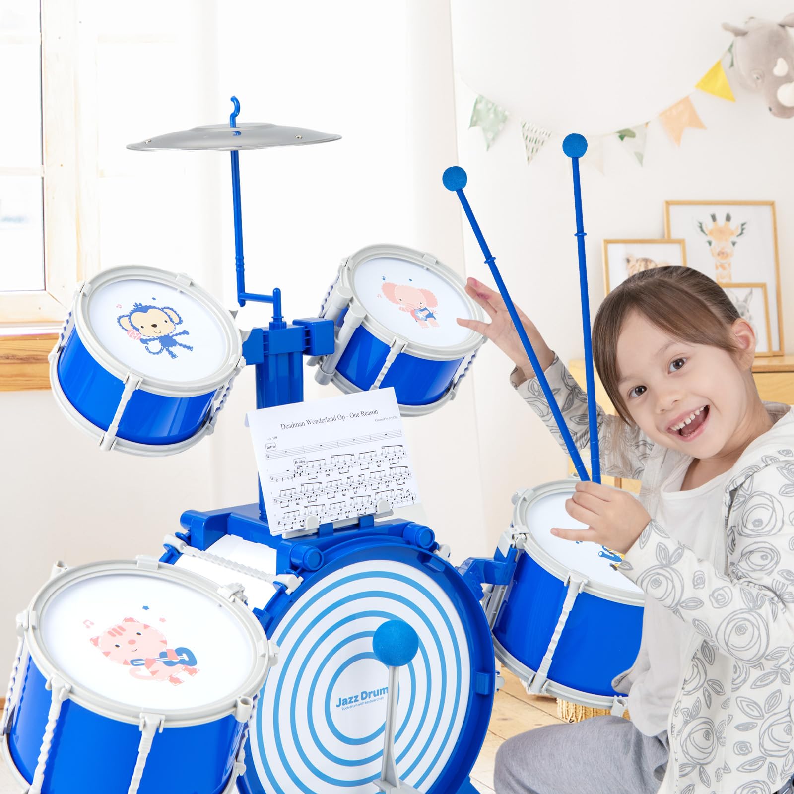 COSTWAY Kit de Batterie Enfants avec Tabouret & 5 Tambours, Tambours de Jazz avec Cymbale & 2 Baguettes, Pédale et Pupitre de Musique, Motifs Mignons, Jouet Educatif Précoce pour Enfants 3 Ans+