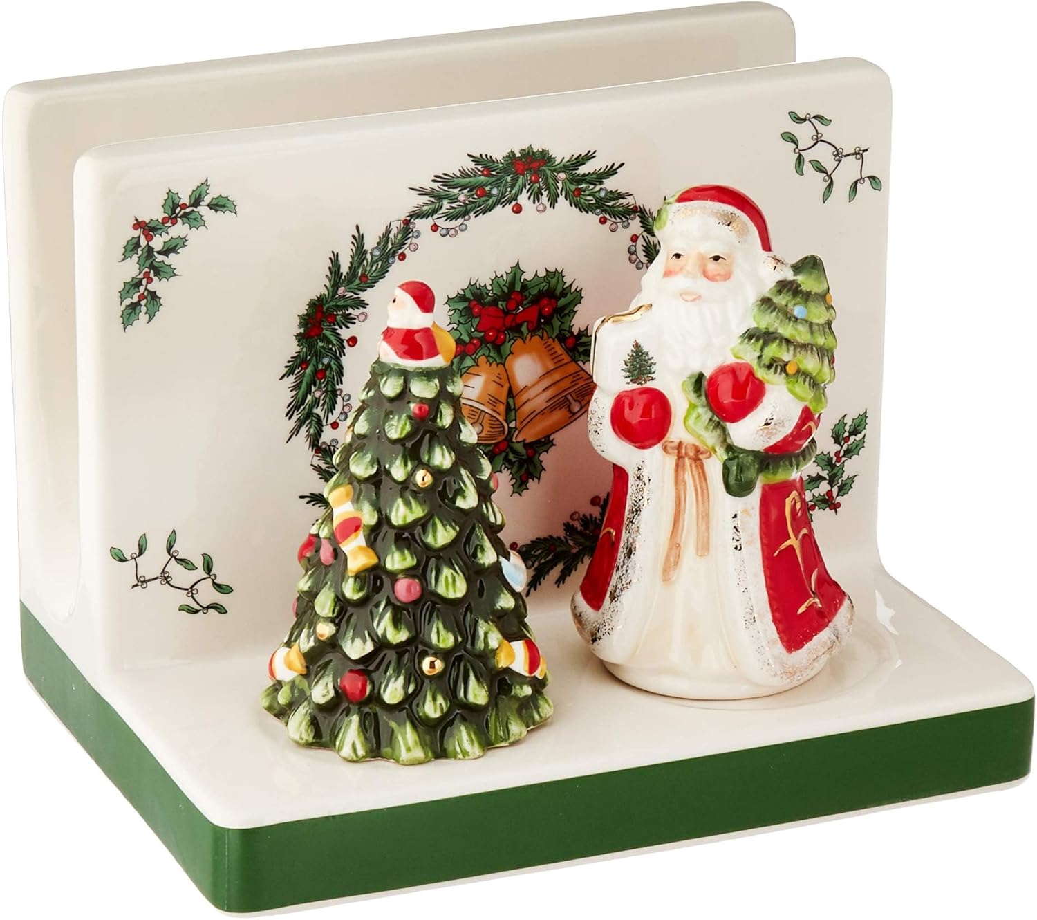 Spode Christmas Tree 3-Piece Hostess Set - Napkin Holder, Salt Shaker & Pepper Shaker (Santa & Tree Figural) - Festive Earthenware for Christmas, Holiday Entertaining - Decorative Gift Set