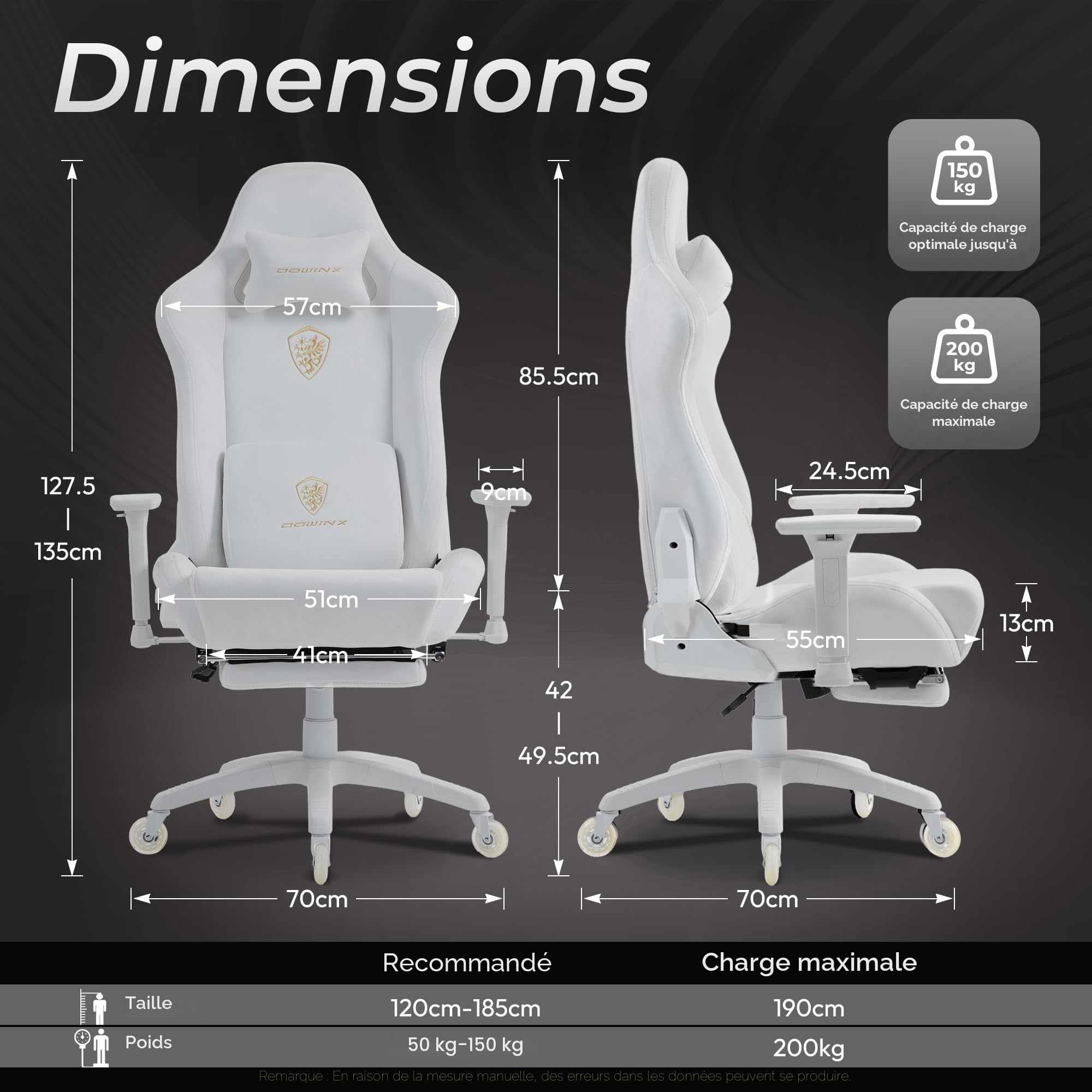 Dowinx Chaise Gaming,Ergonomique Dureau,Simili Daim Chaise,Blanc