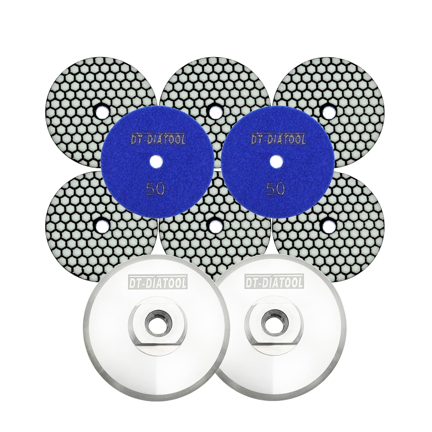 DT-DIATOOL Dry Diamond Polishing Pads 4 Inch 8 Pieces Grits 50 with 2pcs Aluminum Backer Pad 4 Inch Hook and Loop Backing pad 5/8-11 Arbor