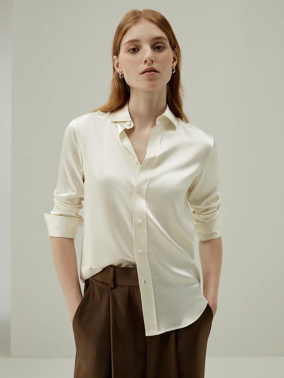 LilySilk Womens Silk Shirt Ladies Undyed Silk Blouses Classic Basic Long Sleeve Shirt Casual
