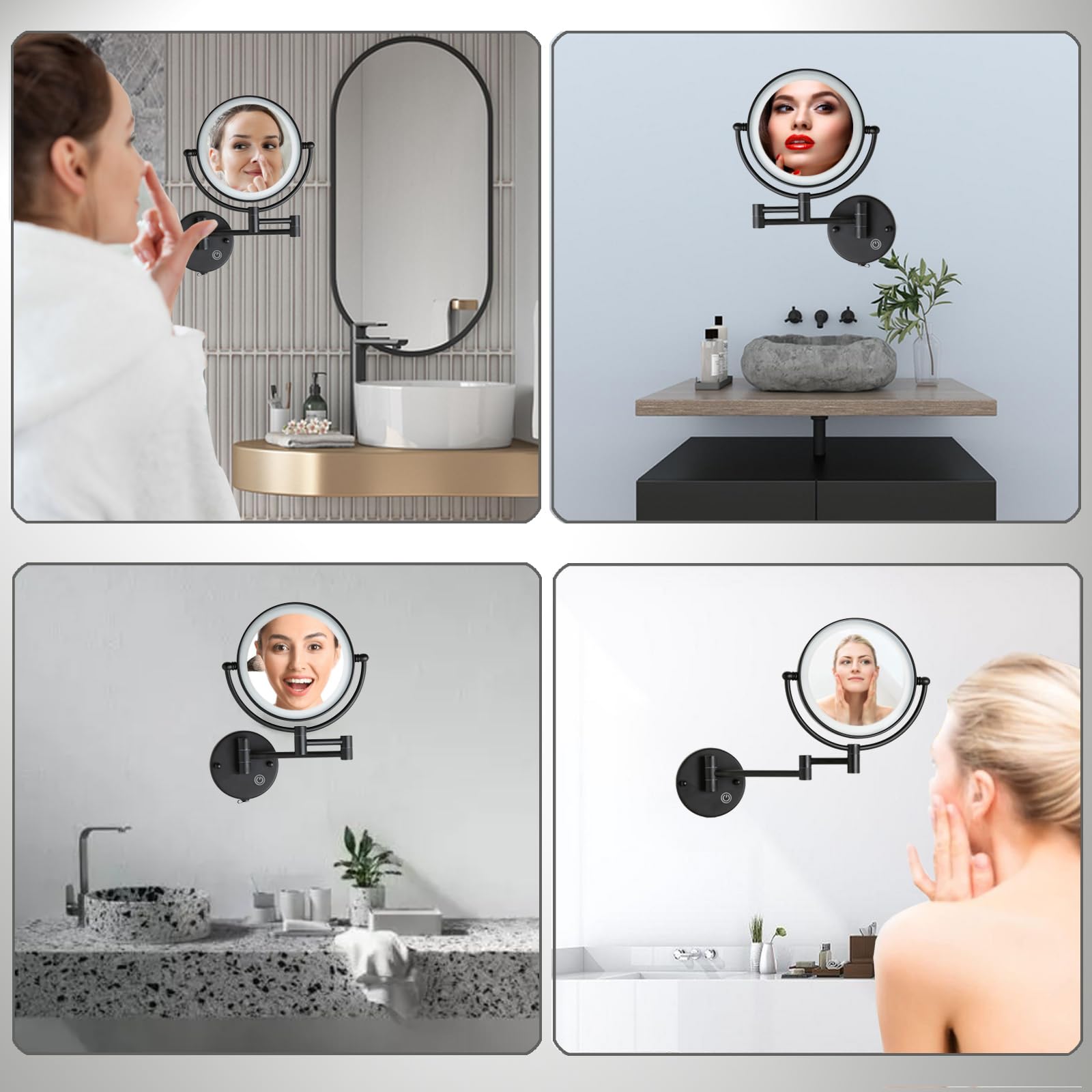 Espejo Maquillaje con Luz Pared, 1X / 5X Doble Cara Espejo Baño,Material de Latón,Espejo Aumento con Luz,Control por Interruptor Táctil,Brillo Ajustable,360 Giratorio Espejo para Baño,Hotel