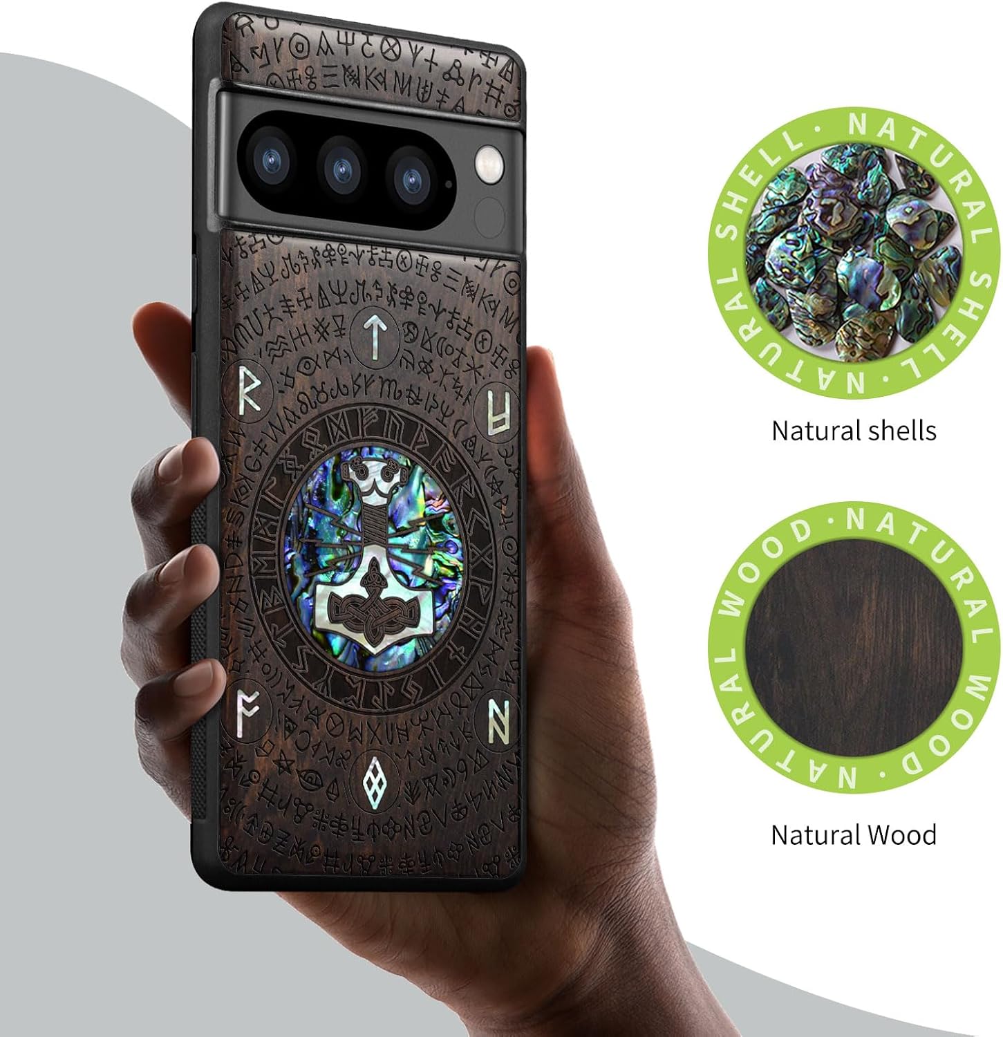 Carveit Designer Wooden Case for Google Pixel 8 Pro Case Cover [Wood Engraving & Shell Inlay] Compatible with Wireless Chargers Pixel 8 Pro (Thors Hammer-Blackwood)