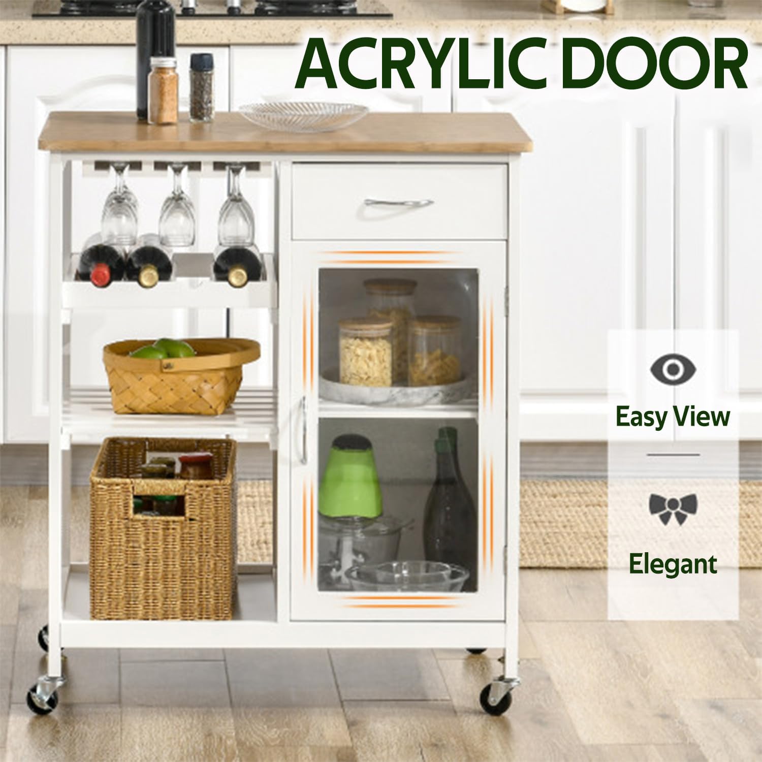 (5-8 Days delivery) Kitchen Island with Storage, Kitchen Cart with 4-Bottle Wine Rack Bar Cart with Stemware Holder Shelves Drawer and Cabinet for Dinning Room Living Room Kitchen White