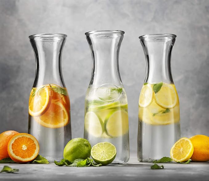KooK Glass Carafe, Carafe Pitchers with Lid, Set of 3, Glass Water Pitcher, Drink Dispensers for Parties, Tea, Wine, and Juice, Plastic Lids, Dishwasher Safe, 35 oz