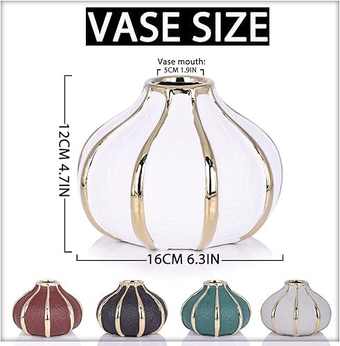 Miniatura 5 de Jarrón de decoración del hogar de oro blanco, jarrón redondo de cerámica para flores, decoración del hogar de lujo, centro de mesa de comedor