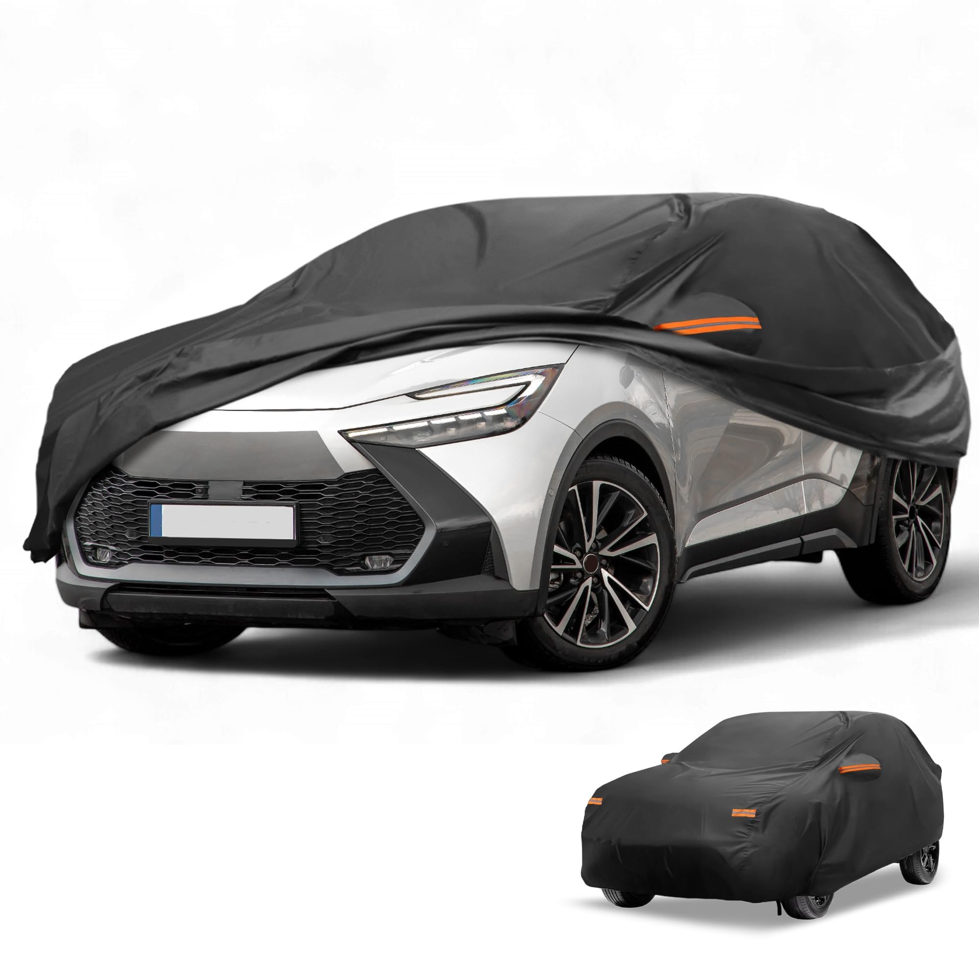 Housse De Voiture Étanche Toutes Saisons pour Toyota C-HR 1pc | Film En Aluminium Et Coton Spunlace, Noir, 452x145x135cm, Protection Soleil Pluie, Bandes Réfléchissantes, Fermeture Éclair