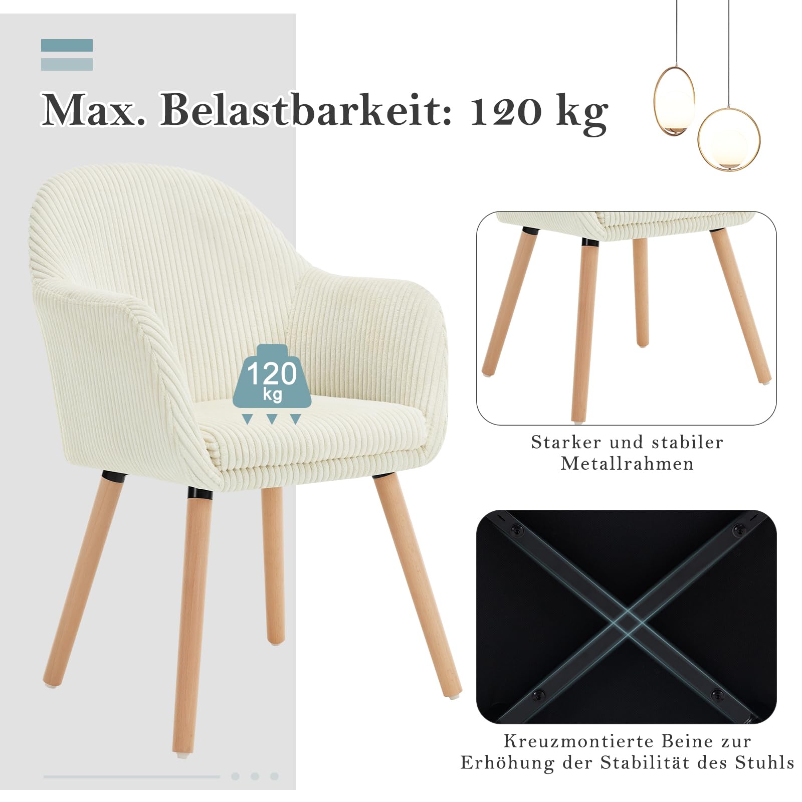 WOLTU Esszimmerstühle 2er Set, für Schlafzimmer Küche Wohnzimmer, Küchenstühle gepolstert Modern, mit Armlehnen, Massivholzbeinen, Sitzfläche aus Cord, Cremeweiß