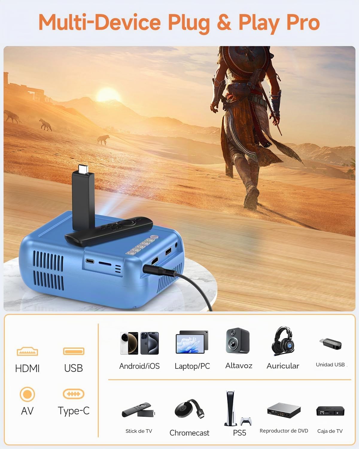 Mini Proyector Portátil, Portátil Proyector con WiFi y Bluetooth para Dormitorio, 4K 1080P Support de Cine para Exteriores/Teléfono/HDMI/USB/TV Stick