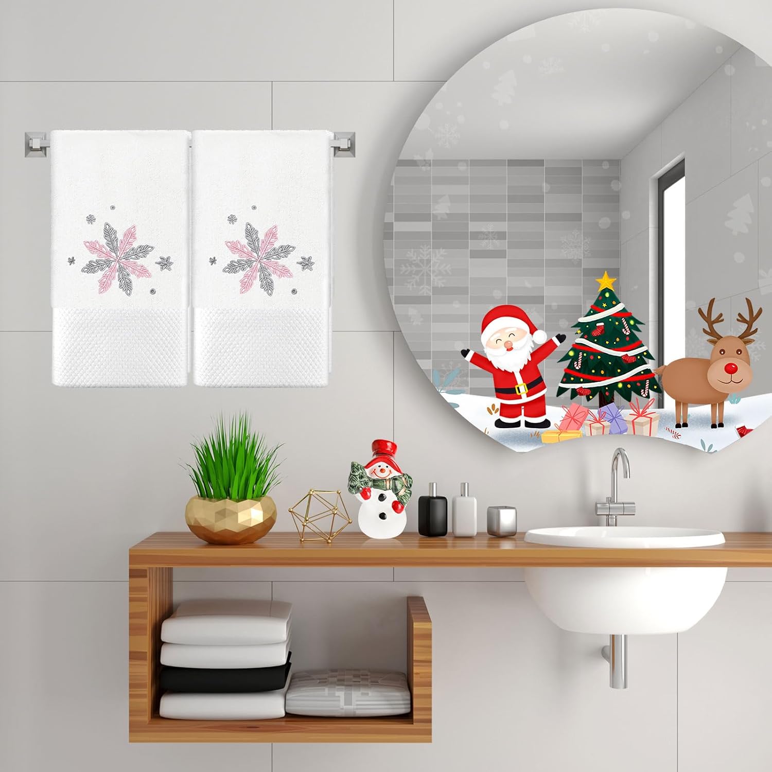 JarThenaAMCS 2Pcs Christmas Hand Towels Pink Silver Snowflake Embroidered Cotton Towels Winter Xmas Dish Towels with Ribbon for Kitchen Bathroom Drying Cleaning Gift, 29.5 x 13.7 Inch - Image 5