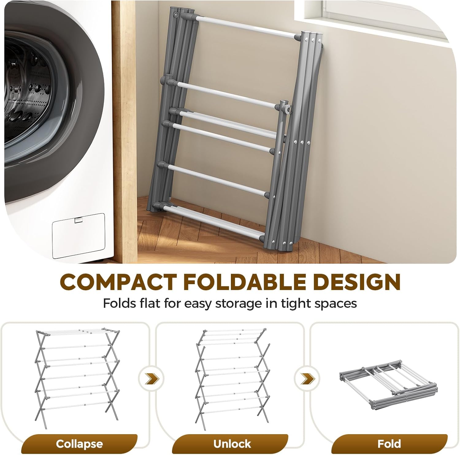 KINGBOARD Clothes Drying Rack, Collapsible Drying Rack Clothing with 11 Poles, 3-Tier Laundry Drying Rack, Small Clothes Drying Rack Foldable for Baby Clothes, 25lb Capacity, White & Grey