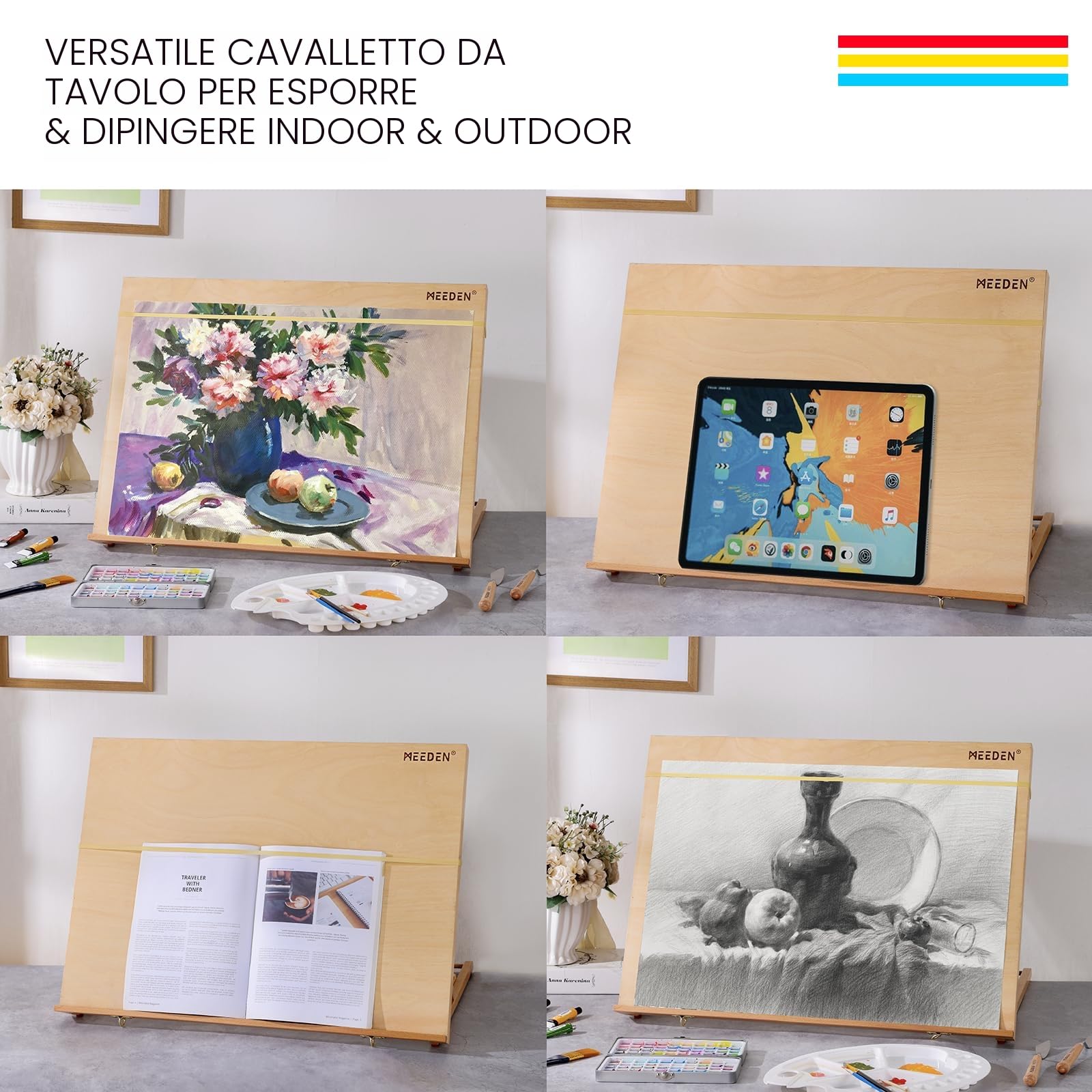MEEDEN Cavalletto da scrivania regolabile Art Stand: cavalletto da disegno A2 a 5 posizioni, cavalletto da tavolo portatile con cintura per il trasporto, robusto cavalletto da tavolo in legno di