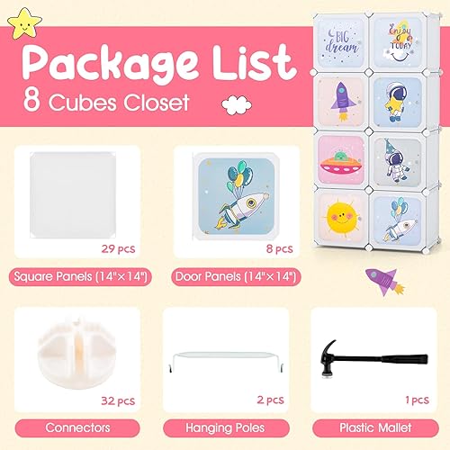 Miniatura 8 de INFANS Armario para niños, armario portátil para bebé, lindo para dormitorio de niños, armario de guardería con puertas, 12 cubos, 2 secciones para