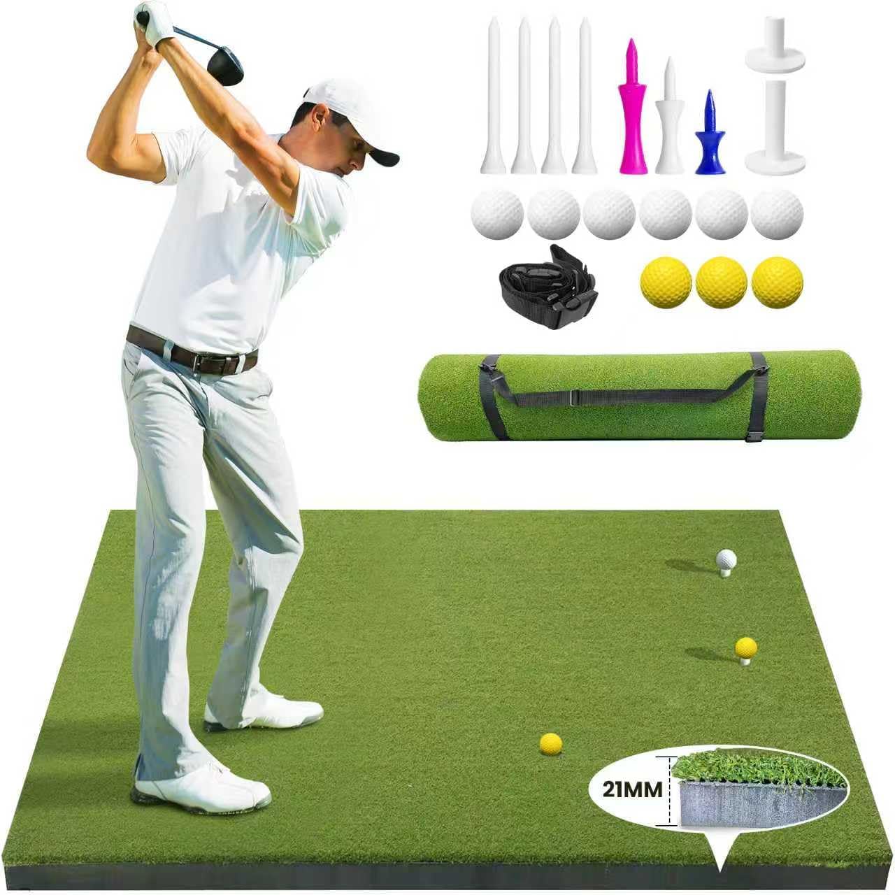 Golf Hitting Mat 5x4ft, 21mm Artificial Turf Practice Mat with 9 Tees, Durable EVA Backing for Indoor | Outdoor Driving, Chipping & Swing Training，with Carrying Case