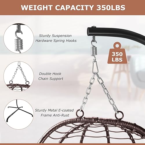 Miniatura 3 de Slendor Silla de huevo con soporte, silla colgante de mimbre para patio con soporte, hamaca columpio para interiores y exteriores, silla cesta con