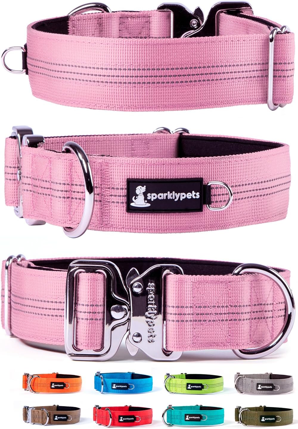 Heavy Duty Wide Dog Collar with Quick Release Chrome Buckle – Thick Tactical Dog Collar with Reflective Stripes & Soft Lining – for Large & Medium Breeds