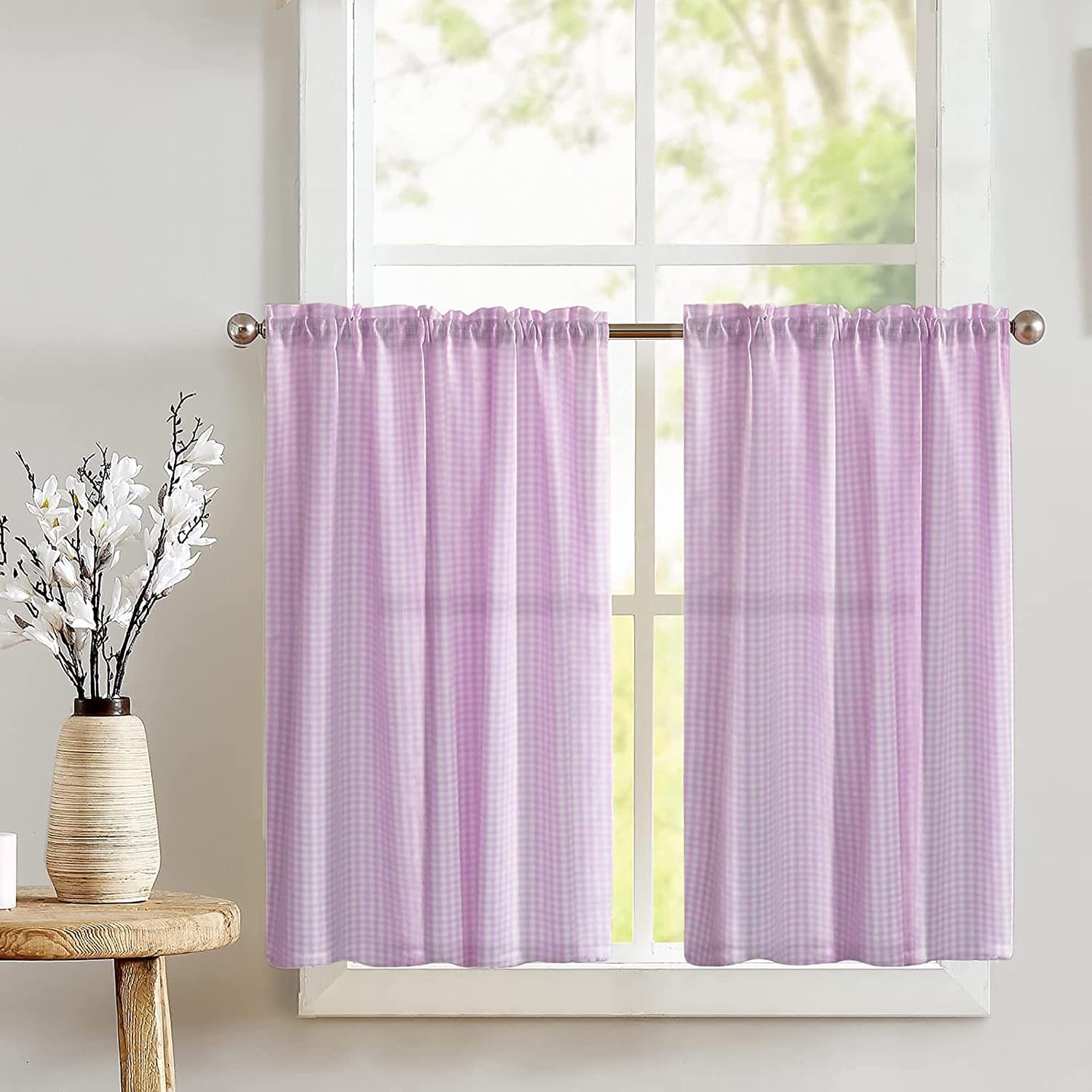 Zen Creative Designs Cotton 1/8inch Gingham Checkered Print Tier Window Valance 2 Piece Set Home Décor Bedroom Nursery Kitchen Window (Navy)