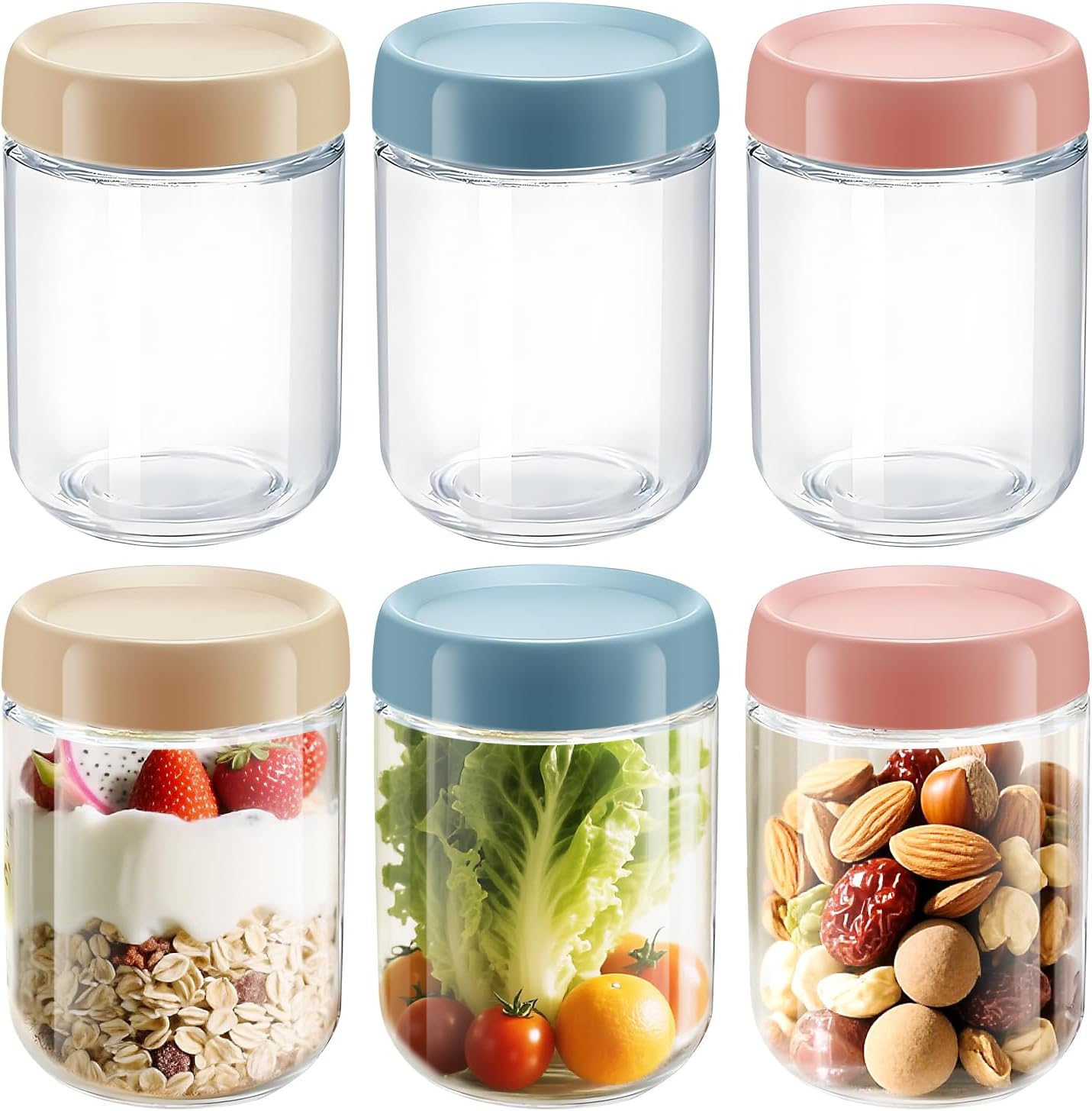 16 OZ Overnight Oats Jar, 6 Pack Overnight Oats Containers with Lids,Reusable Mason Jars, Meal Prep Containers with Lids, Glass Container Food Storage, Glass Jar for Oats,Yogurt,Snacks,Fruit