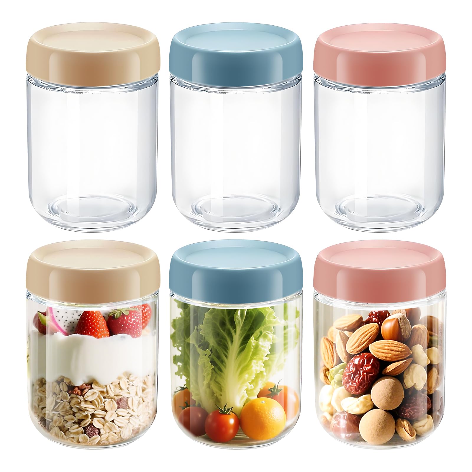 16 OZ Overnight Oats Jar,6 Pack Overnight Oats Containers with Lids,Reusable Mason Jars,Meal Prep Containers with Lids,Glass Container Food Storage,Glass Jar for Oats,Yogurt,Snacks,Fruit