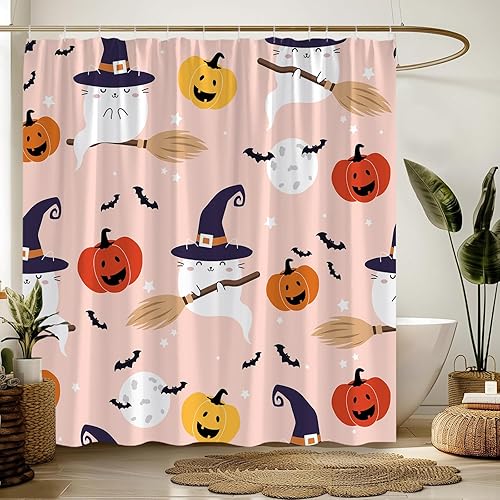 Miniatura 4 de Cortina de ducha de Halloween, linda calabaza espeluznante luna llena, bruja, gótica, terror, aterradora, gótica, misteriosa, mágica, decoración de