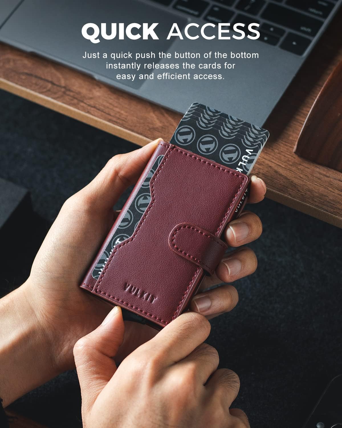 VULKIT Slim Bifold Pop up Wallet Minimalist Leather Card Holder RFID Blocking Metal Card Case with ID Window for Women | with Leather Slots, RFID Blocking, Slim, Metal Card Case - Image 2