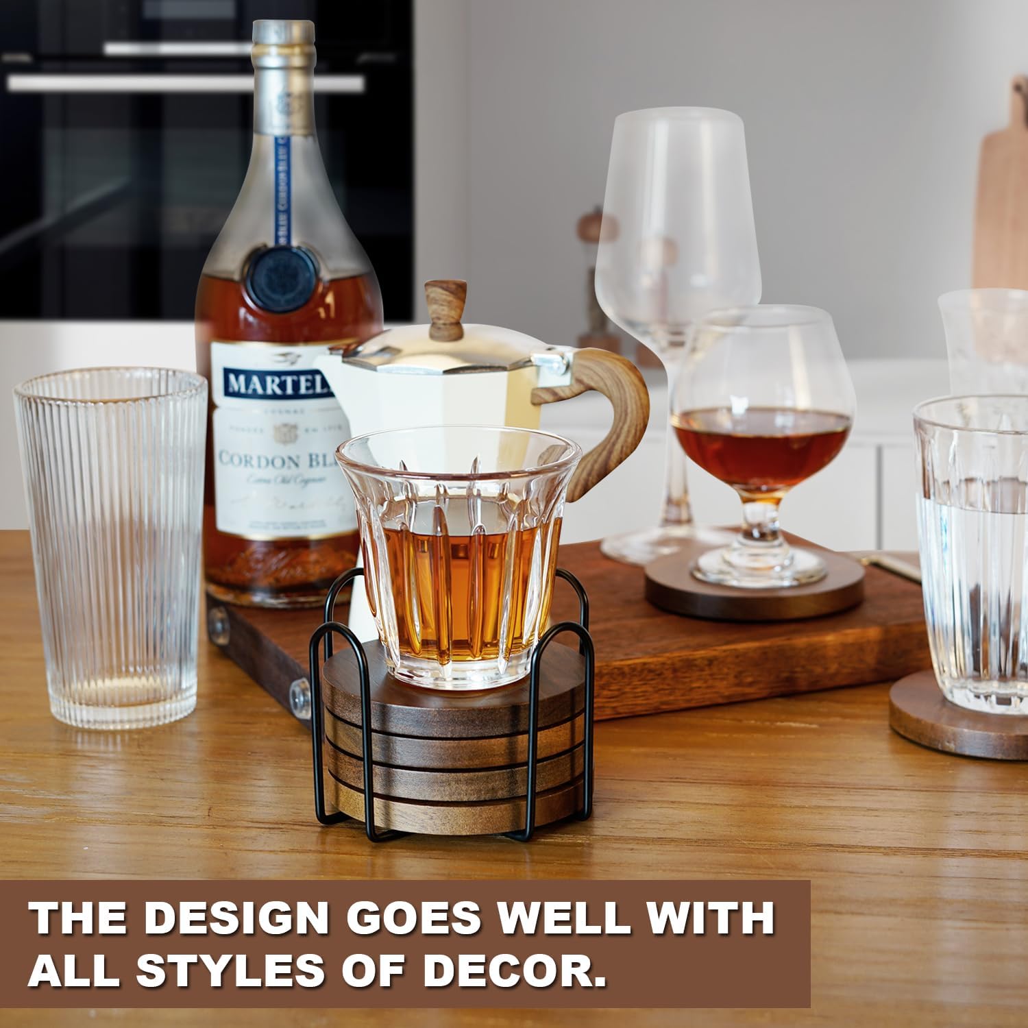 Acacia Wood Coasters for Drinks with Holder Set of 6, Brown Wooden Drink Coasters for Tabletop Protection Coffee Dining Table Desk Home Christmas Decor Round with Non-Slip Pad Cup Coasters
