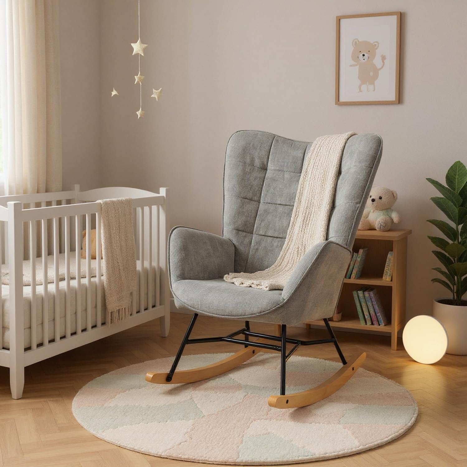 Fauteuil d'allaitement Grey avec Dossier Moelleux Tissu Style Scandinave Surpiqûres Fauteuil à Bascule pour Chambre de Bébé