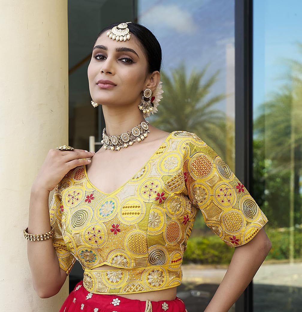 Pujia Mills Women's Blouse Readymade Blouse Embroidery Multi Coding Gold Thread Blouses Handwork Yellow Color Readymade Saree Blouse For Women For Saree And Lehenga Choli (A2420 Yellow 36)
