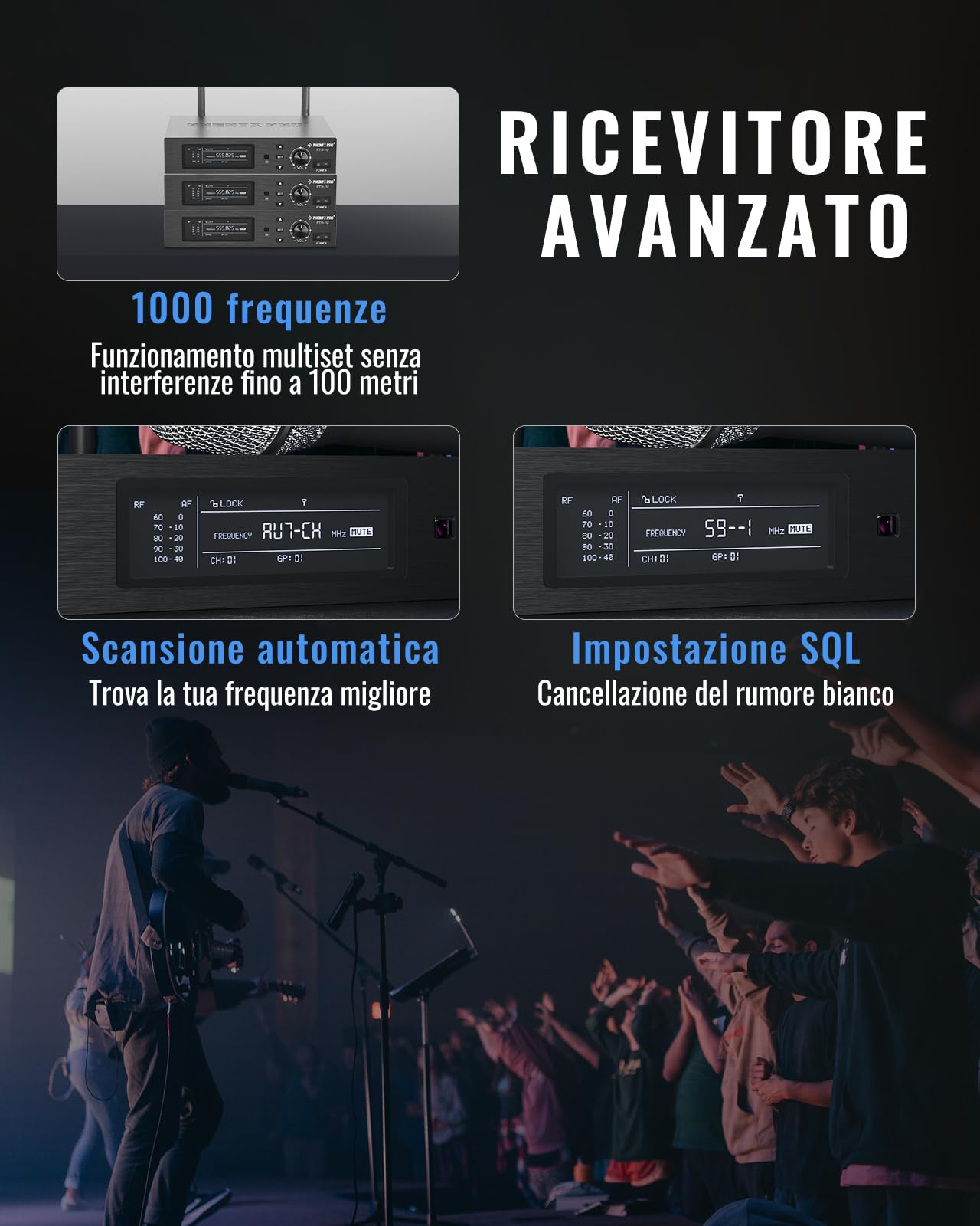 Phenyx Pro Sistema Microfono Wireless UHF monocanale PTU-1U-1H | True Diversity, Auto Scan, 1000 canali regolabili, portata 328 ft, sync IR, microfono dinamico, voce live