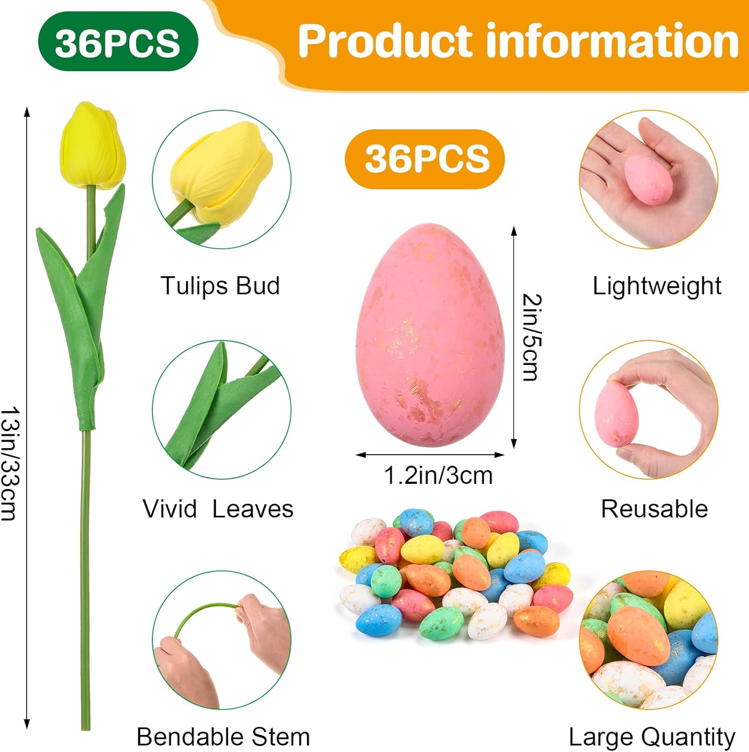 Canlierr 72 Pcs Spring Table Centerpiece Decor Set, Artificial Tulips with Pastel Eggs, Vase Fillers for Home, Wedding, Party, Farmhouse Decoration(Macaron Color)