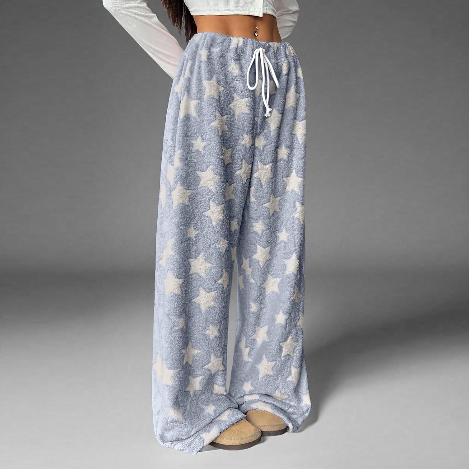 Pajama Bottoms for Women, High-Waisted Wide Leg Lounge Pants with Drawstring Women's Cozy Fleece Sleep Pants with Elastic