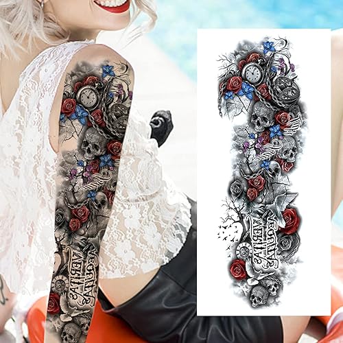 Miniatura 7 de Aniuvot - Tatuajes grandes de manga completa temporales para mujeres, 6 hojas y 2 tatuajes de medio brazo, calcomanías falsas para adultos,