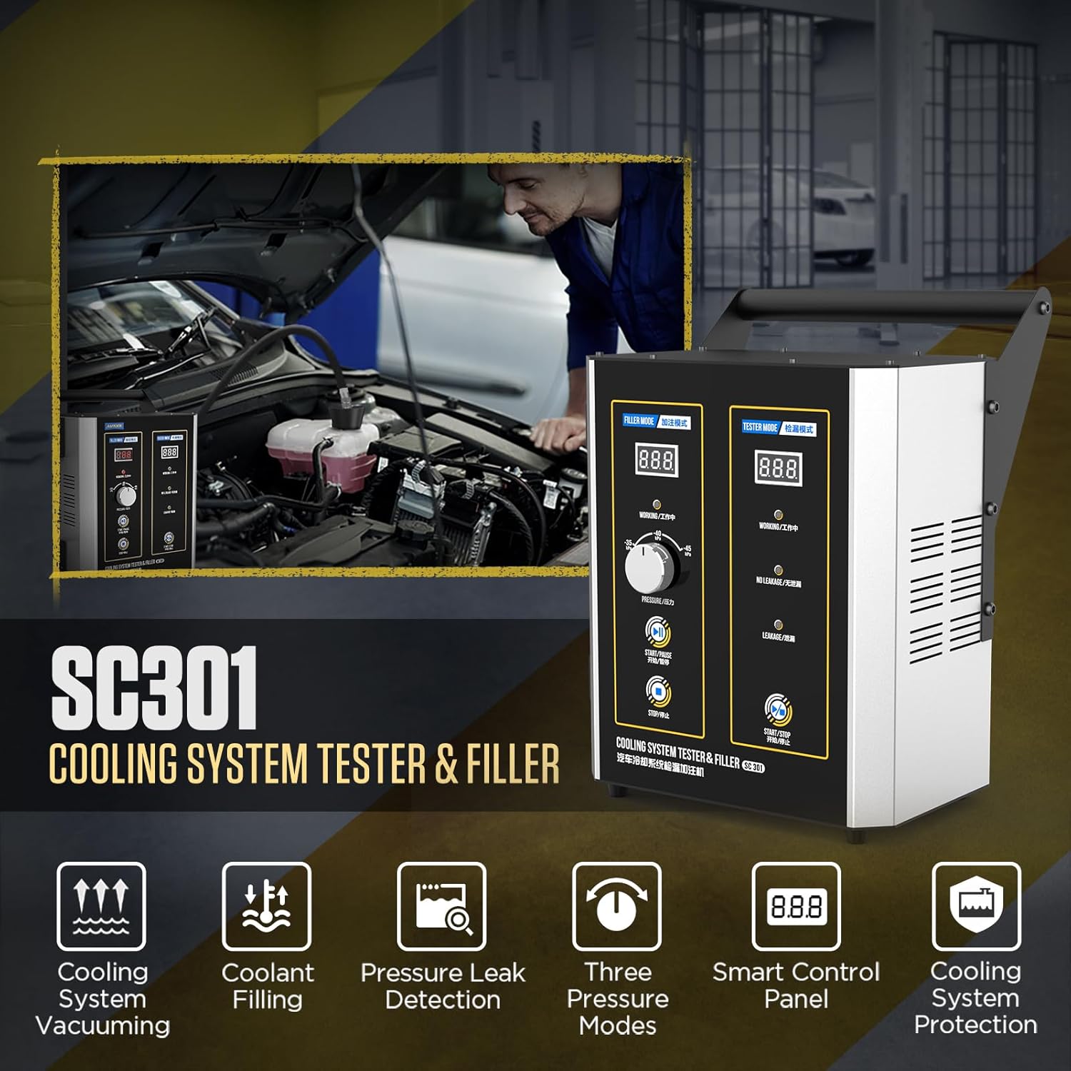 QPKING Cooling System Tester & Filler, SC301 Dual-Mode Vacuum Coolant Refiller Kit with 3 Pressure Levels & Leak Detection, for Cars Trucks SUVs, Includes 3 Adapters