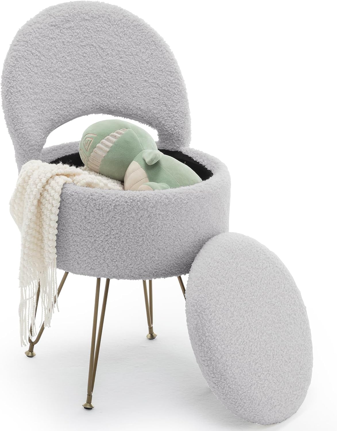 Korser Vanity Stool Chair with Storage and Folding Back, 13"x13"x27.6" Faux Fur Soft Round Ottoman, Vanity Chair with Storage, Ideal for Bedroom, Living Room, and Makeup Stations, Grey