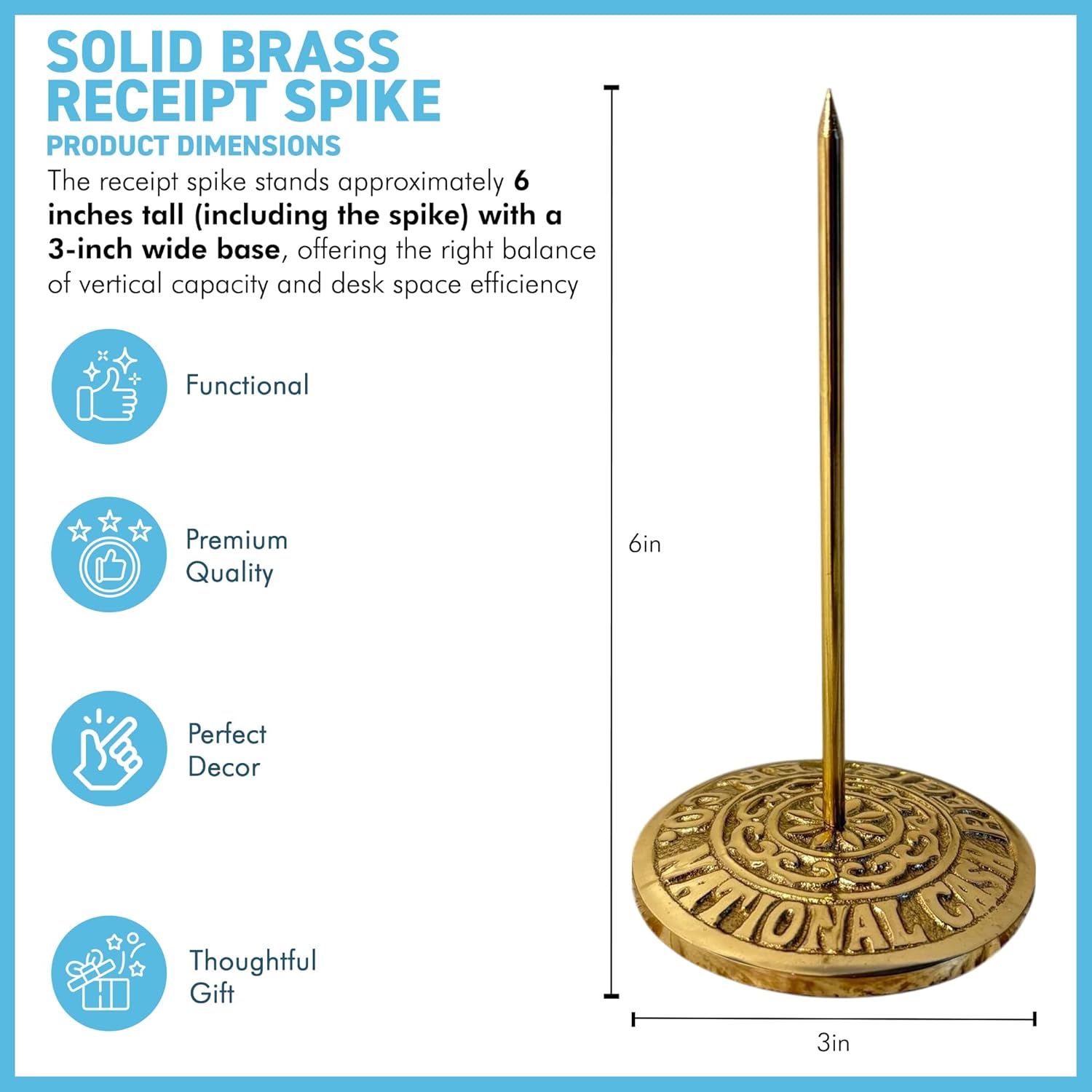 Solid Brass Vintage Receipt Spike – Heavy Duty Bill Fork Holder, Classic Paper Spike for Restaurant, Office, Home – Retro Paperweight & Memo Organizer