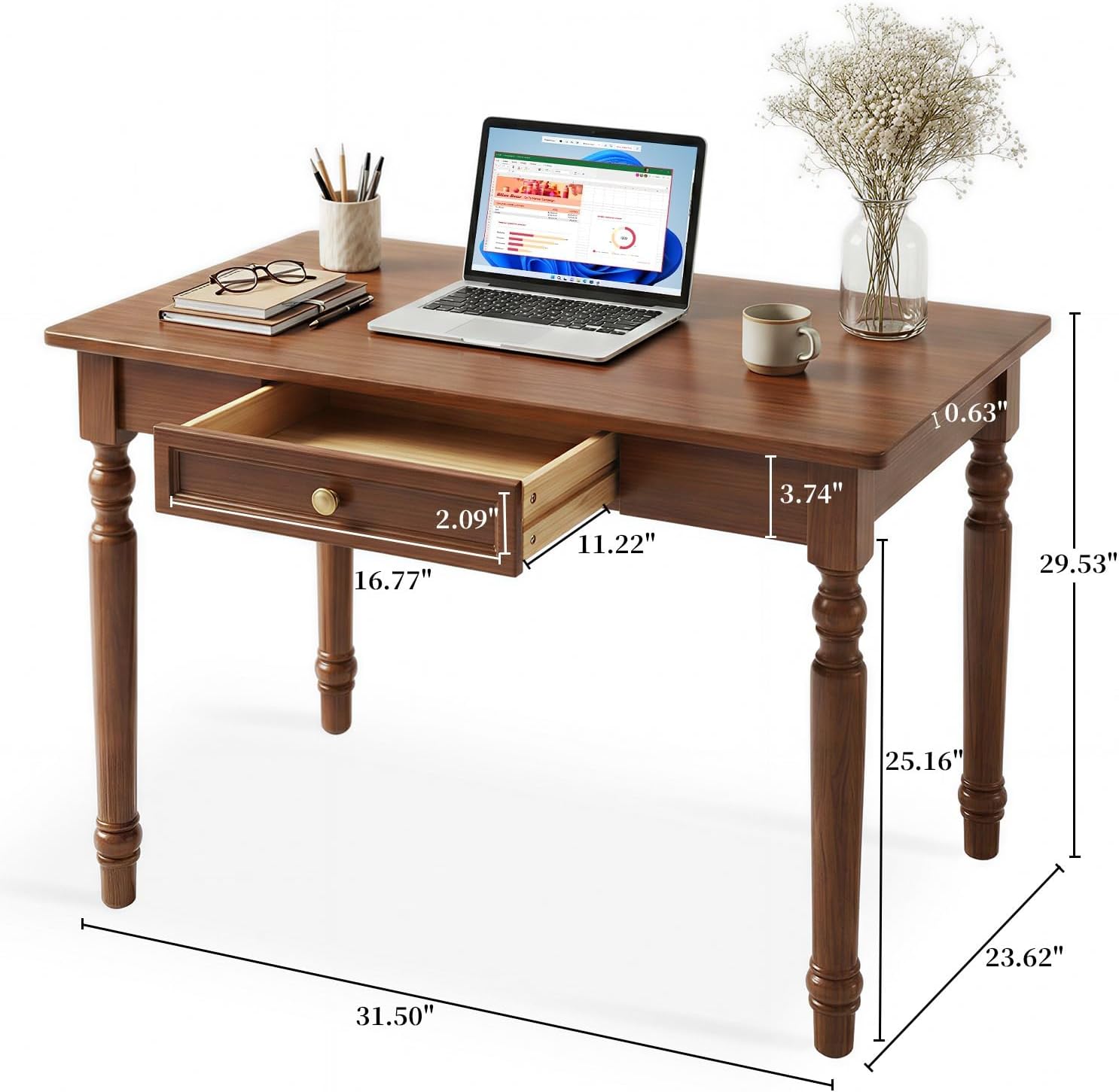 31" Solid Wood Writing Desk with Drawers – French Country Computer Desk for Home Office, Bedroom, Living Room, or Study(Walnut,31 x 24 x 30 in)