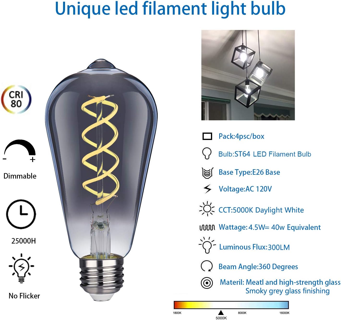 🔥 Cаѕhbасk uр tо 70% Dimmable Edison LED Bulb, Daylight White 5000K, 300LM, 4.5W Vintage ST64/ST19 Antique Flexible Spiral LED Filament Light Bulbs, 40W Equivalent, E26 Medium Base (Smoky Grey Glass-4 Pack)